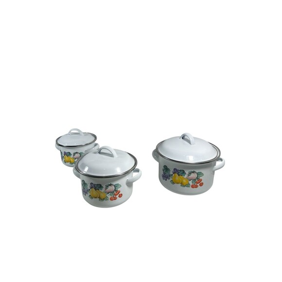 Vintage GMI Enamelware 3 Piece Pot Set w/Lids - Fruit Design - Great Condition - Picture 15 of 16